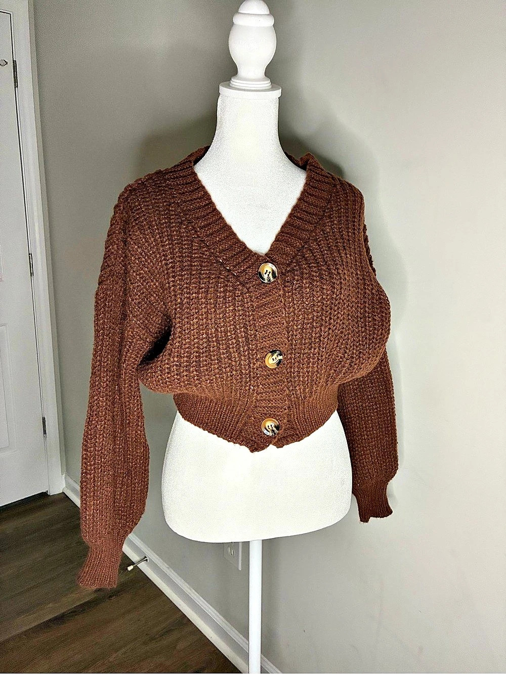 & Other Stories & Cropped Knit Cardigan in Brown Size XS